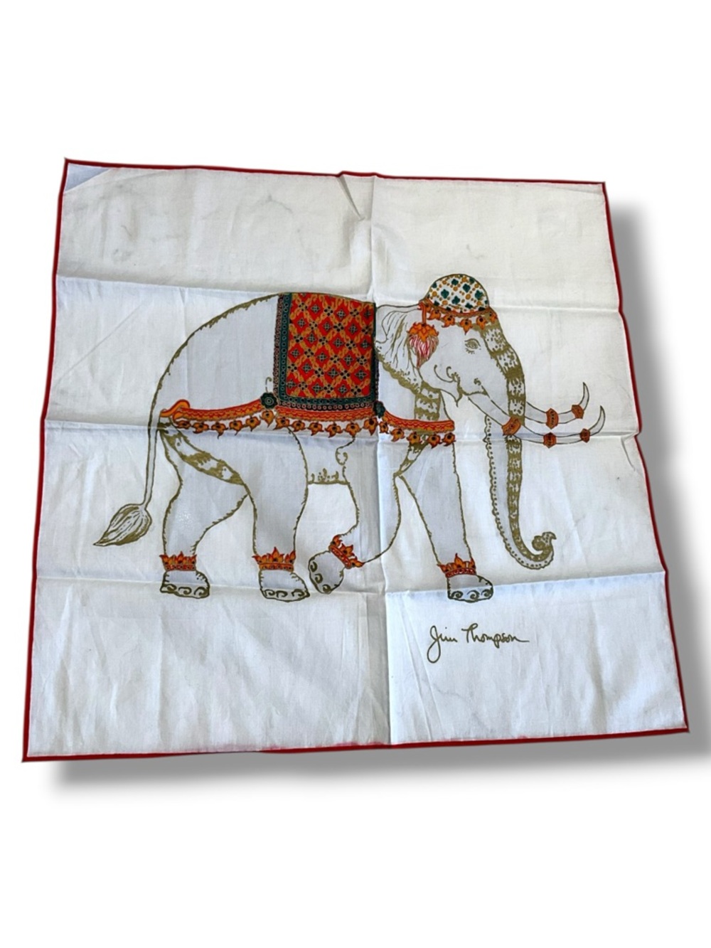 JIM THOMPSON Elephant White Pocket Square Cotton Napkin Scarf Hanky 15.5"